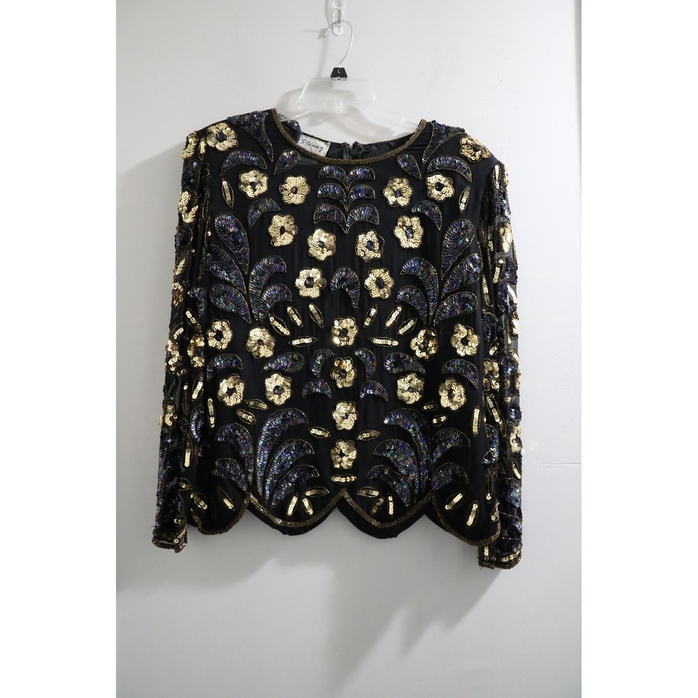 Stenay Vintage Silk Beaded Sequin Top Black Gold Iridescent XL Scalloped Hem